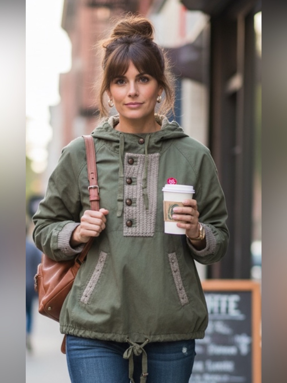 Olive Green Hooded Anorak Jacket with Knit Trim